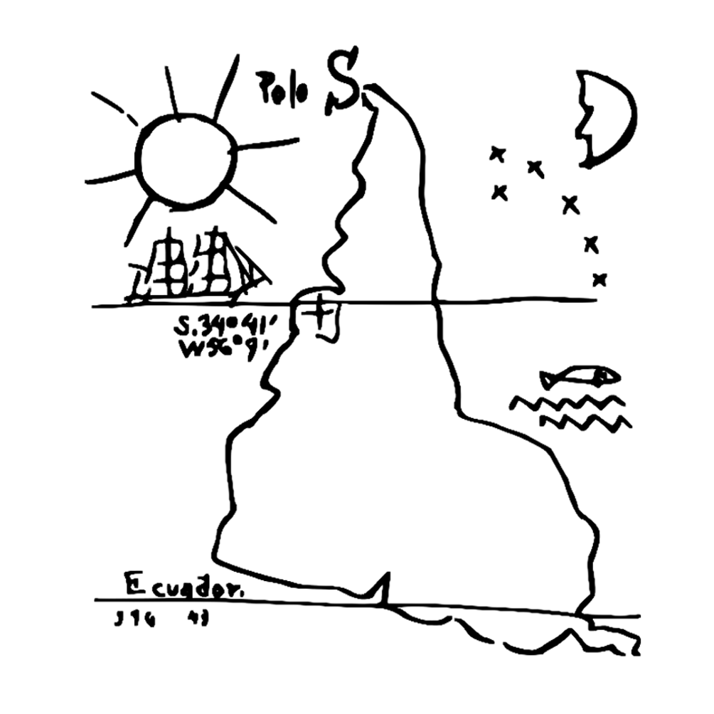 Mapa da América do Sul de cabeça pra baixo. Marcação do trópico de Capricórnia e a linha do Equador. Um sol à esquerda encima. Uma Lua e estrela à direita encima.
