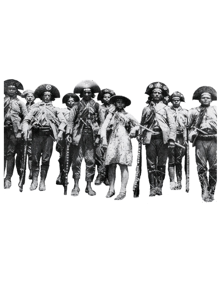 foto em preto e branco do bando de cangaceiros de Lampião com Lampião e Maria Bonita no meio