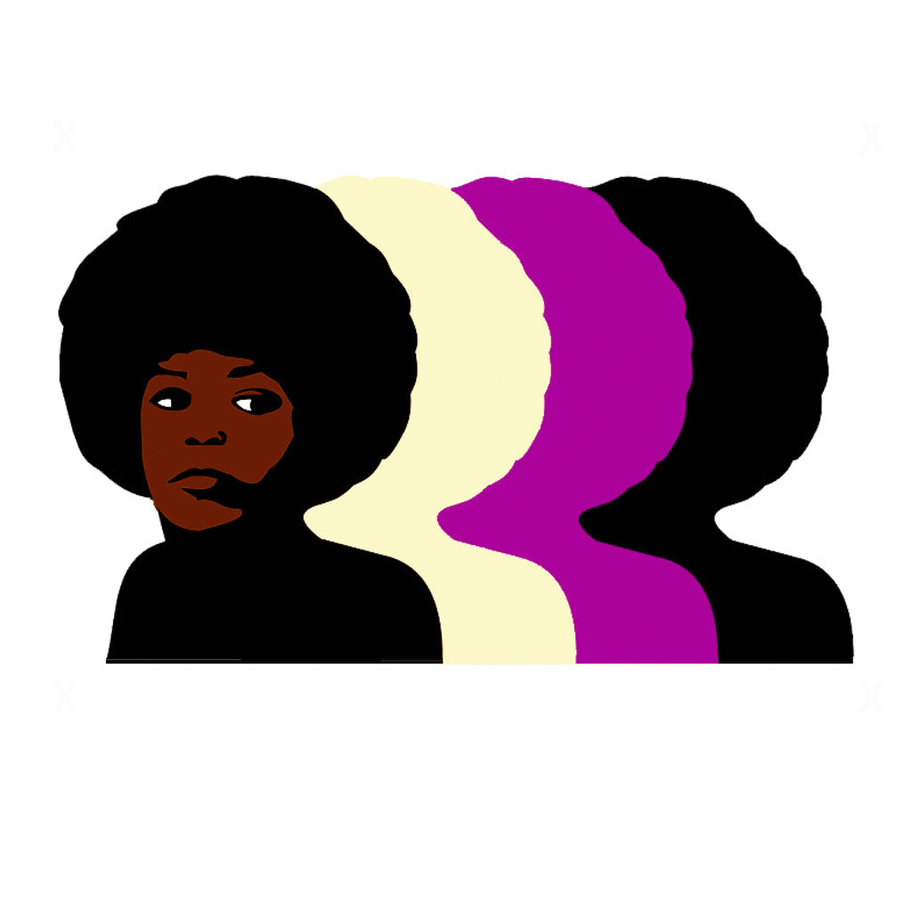 Angela davis de perfil com três cópias coloridas do seu perfil por trás 1a direita.