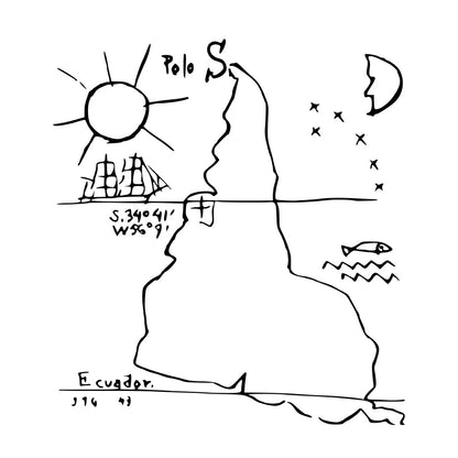 Camiseta Básica Estampa: Mapa da América do Sul de cabeça pra baixo. Marcação do trópico de Capricórnia e a linha do Equador. Um sol à esquerda encima. Uma Lua e estrela à direita encima.