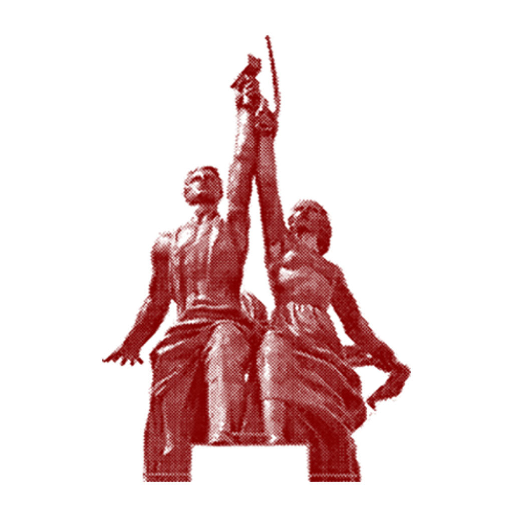 Escultura de um homem e uma mulher empunhando foice e o martelo.