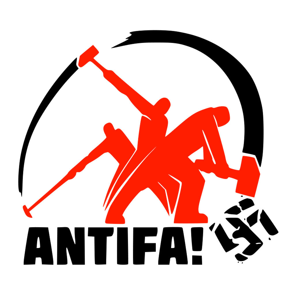 Imagem sequência de uma marretada num suástica com o texto ANTIFA! abaixo