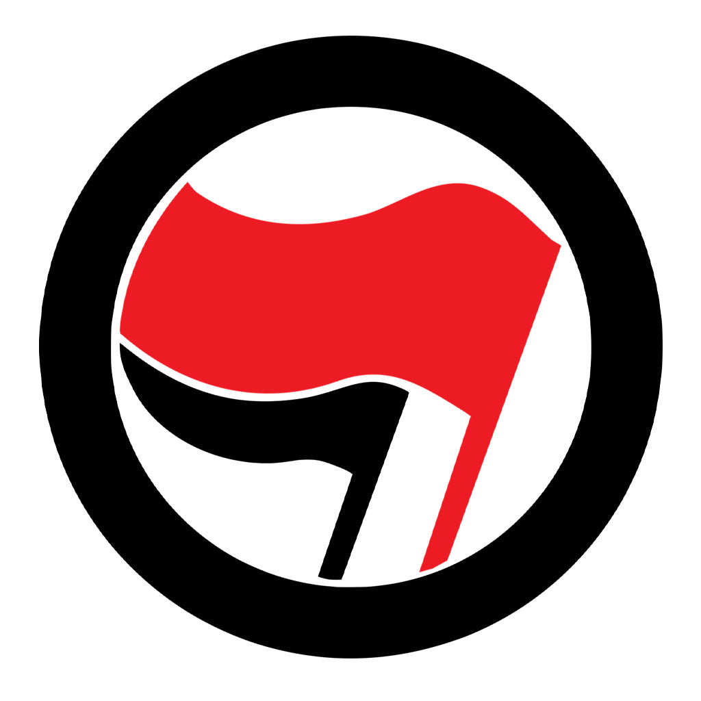  Símbolo da Ação Antifascista. Uma bandeira menor e outra maior envoltas por um círculo. 