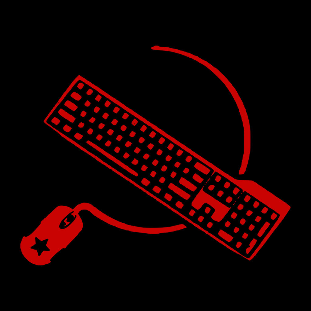 Uma foice e um teclado sobrepostos como se fosse o símbolo da foice  e matelo do comunismo.