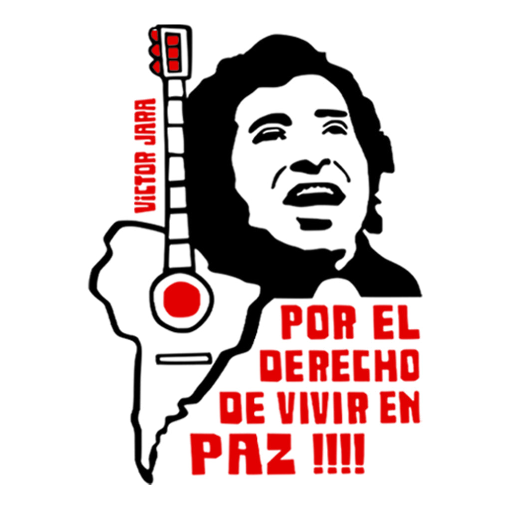  Ilustração composta de texto e imagens: texto “victor jara” à esquerda. Ainda na esquerda um violão com o tampo em formato da América do Sul. À direita encima o rosto de Victor Jara cantando e baixo dele o texto: por el derecho de vivir en paz!!!!