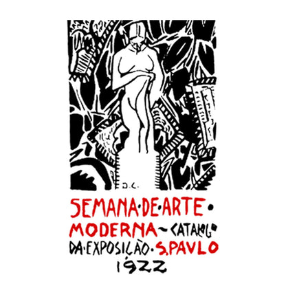 Mmulher como escultura envolta por objetos abstratos. Embaixo está escrito: Semana de arte moderna - catálago da exposição. S. Paulo. 1922