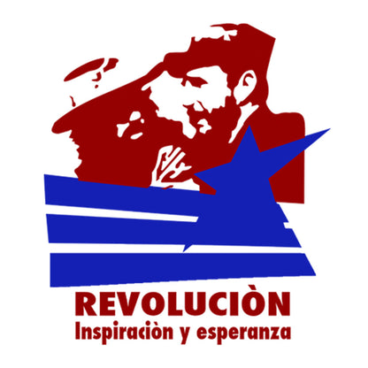  Acima Camilo Cienfuegos e Fidel Castro abraçados. No meio três listras e uma estrela sobrepõe um pouco o desenho acima. Embaixo está escrito REVOLUCION e embaixo: Inspiracion y esperanza