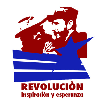 Acima Camilo Cienfuegos e Fidel Castro abraçados. No meio três listras e uma estrela sobrepõe um pouco o desenho acima. Embaixo está escrito REVOLUCION e embaixo: Inspiracion y esperanza