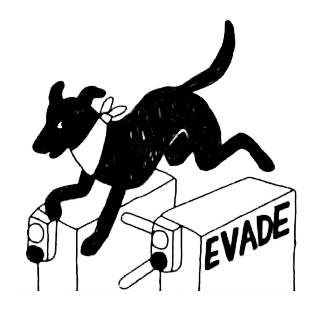   Cachorro com lenço no pescoço pula uma catraca de transporte público, onde está escrito: “EVADE”
