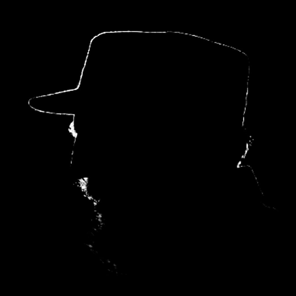 Estampa: Traçado do perfil de Fidel castro enquanto ele faz um dos últimos de seus discursos. Se vê a barba, nariz e o quepe militar clássico.