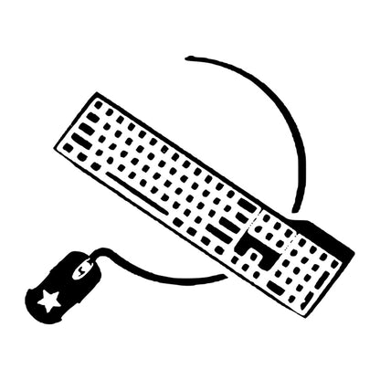 Estampa: Uma foice e um teclado sobrepostos como se fosse o símbolo da foice  e martelo do comunismo.