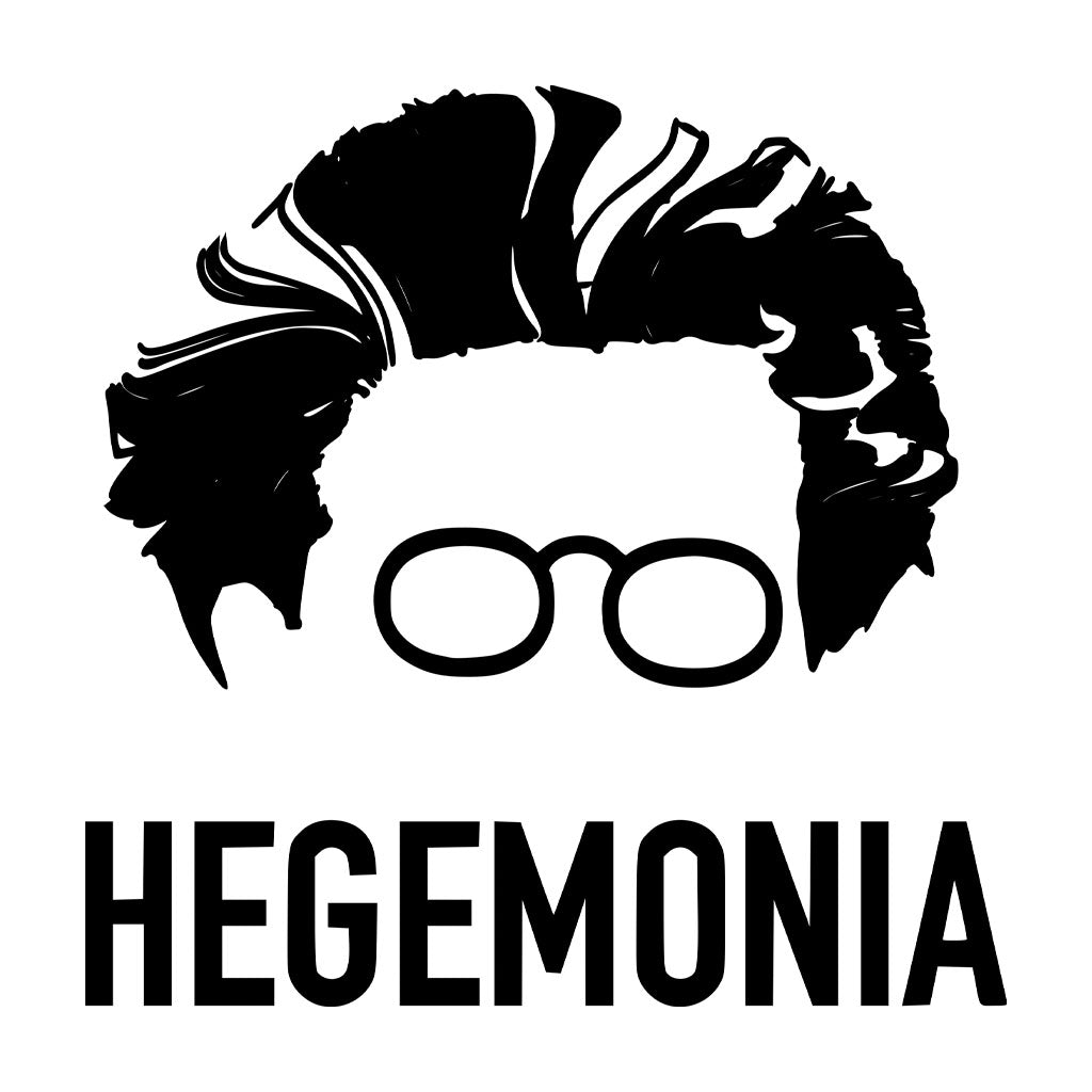 Cara de Antonio Gramsci desenhada apenas com o cabelo e seu óculos redondos. Abaixo está escrito: HEGEMONIA