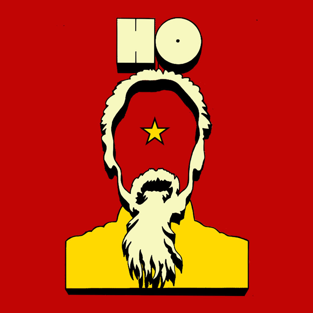 Camiseta Baby Look Estampa: Acima está escrito: HO Abaixo um desenho de Ho Chi Minh com a cara vazada com uma estrela no meio.