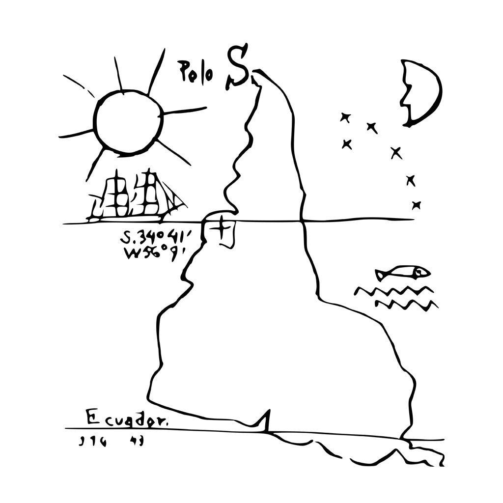 Camiseta Básica Estampa: Mapa da América do Sul de cabeça pra baixo. Marcação do trópico de Capricórnia e a linha do Equador. Um sol à esquerda encima. Uma Lua e estrela à direita encima.