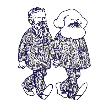 Marx e Engels caminham de mãos dadas.