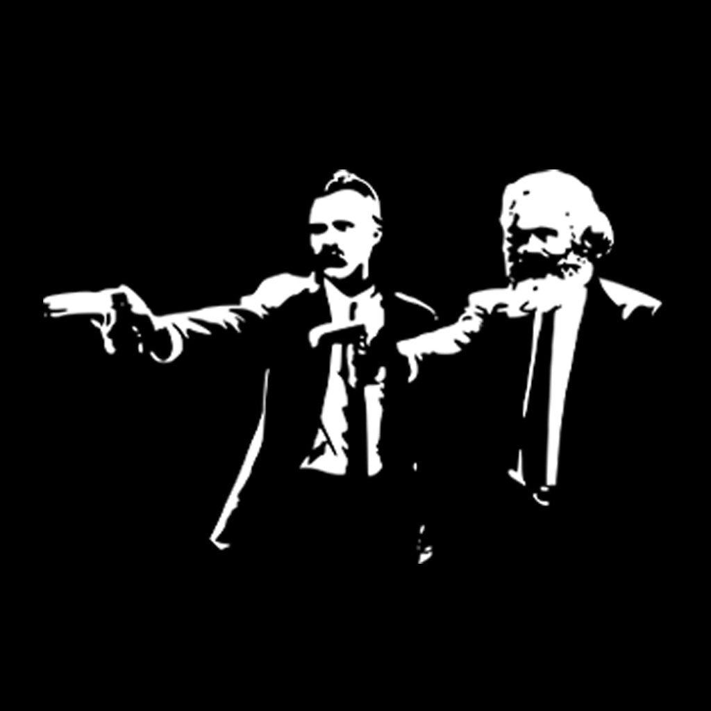 Karl Marx e Friedrich Nietzsche como se fossem personagens de Pulp Fiction empunhando revólveres.