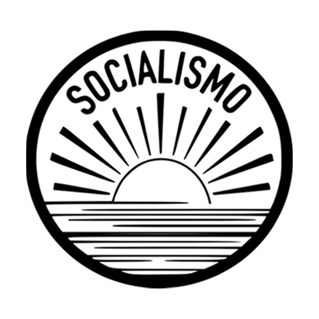 Estampa: mar, sol e texto SOCIALISMO acima envoltos por um círculo traçado