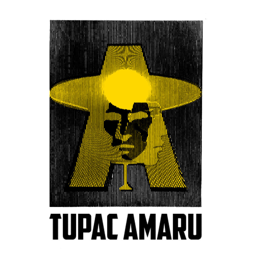  Imagem dupla de Tupac Amaru de frente e de perfil sobrepostos às letras T e A