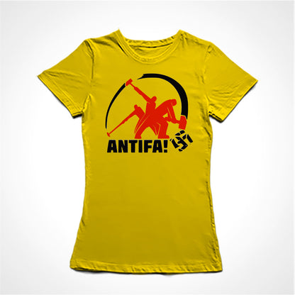 Camiseta Baby Look Estampa:  Imagem sequência de uma marretada num suástica com o texto ANTIFA! abaixo