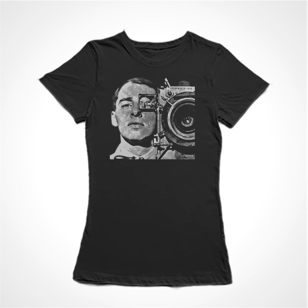 Camiseta Baby Look Estampa: Homem com camera de filmar dos anos 1920/1930 na mão.