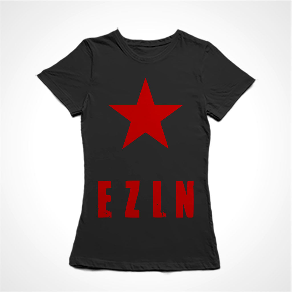 Camiseta Baby Look Estampa:  Texto escrito EZLN(Exército Zapatista de Libertação Nacional) com uma estrela acima.