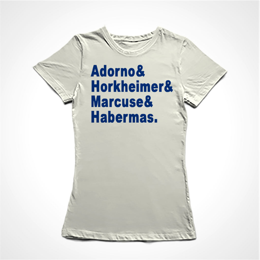 Camiseta Baby Look Estampa: Texto com um nome em cada linha: Adorno& Horkheimer& Marcuse& Habermas.