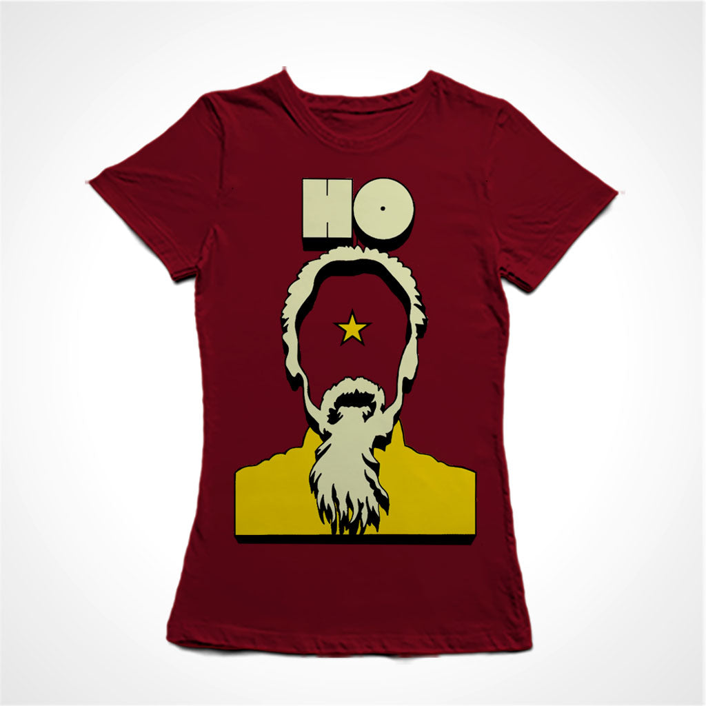 Camiseta Baby Look Estampa: Acima está escrito: HO Abaixo um desenho de Ho Chi Minh com a cara vazada com uma estrela no meio.