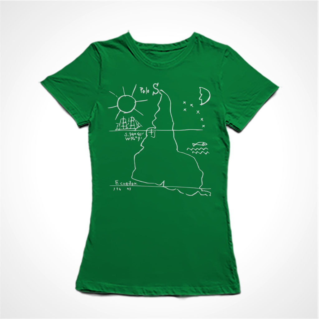 Camiseta Baby Look Estampa:Mapa da América do Sul de cabeça pra baixo. Marcação do trópico de Capricórnia e a linha do Equador. Um sol à esquerda encima. Uma Lua e estrela à direita encima.