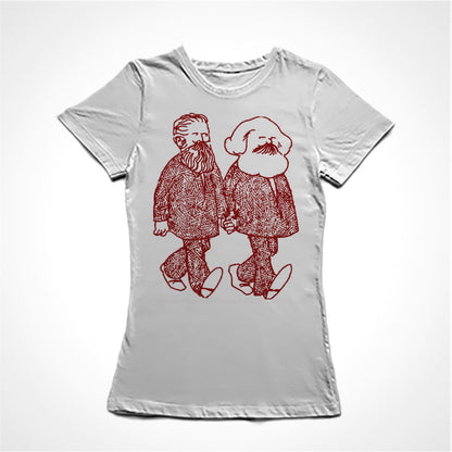 Camiseta Baby Look Estampa:  Marx e Engels caminham de mãos dadas.