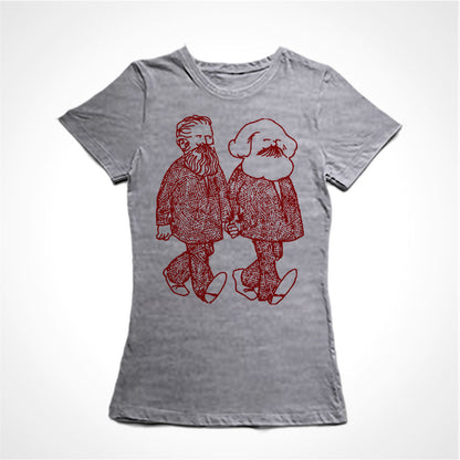 Camiseta Baby Look Estampa:  Marx e Engels caminham de mãos dadas.