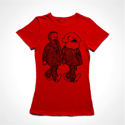 Camiseta Baby Look Estampa:  Marx e Engels caminham de mãos dadas.