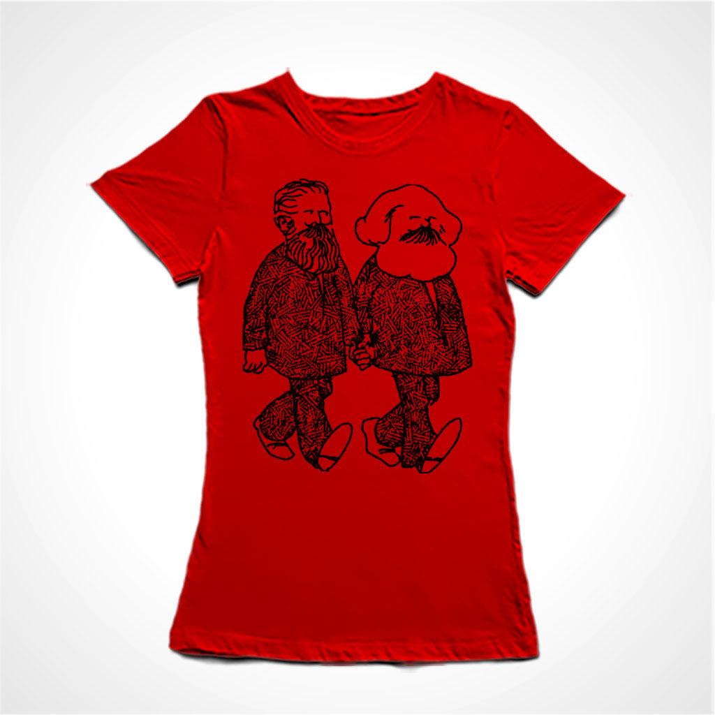 Camiseta Baby Look Estampa:  Marx e Engels caminham de mãos dadas.