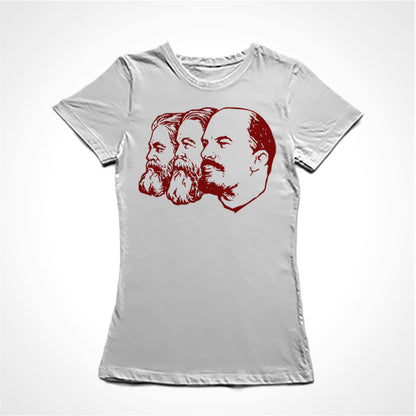 Camiseta Baby Look Estampa:  Imagem clássica de perfil de Karl Marx, Engels e Lenin.