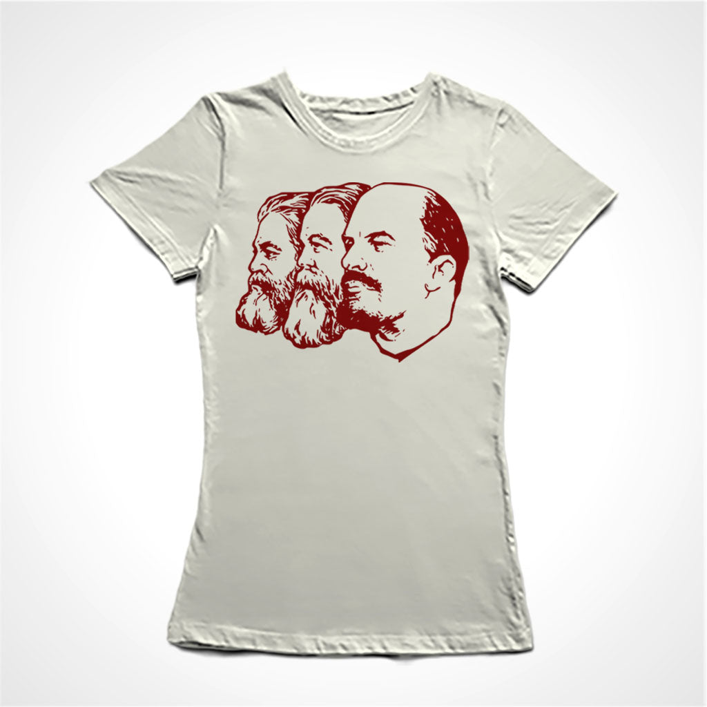 Camiseta Baby Look Estampa:  Imagem clássica de perfil de Karl Marx, Engels e Lenin.