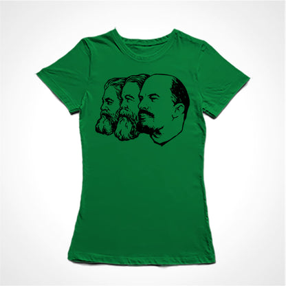 Camiseta Baby Look Estampa:  Imagem clássica de perfil de Karl Marx, Engels e Lenin.