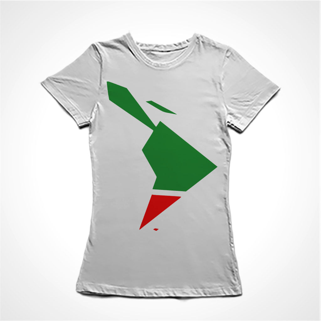 Camiseta Baby Look Estampa: Imagem estilizada do mapa da américa latina em verde e vermelho como se fosse um país só.