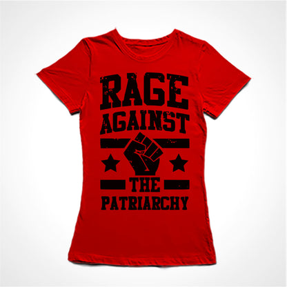 Camiseta Baby Look Estampa:  texto Rage Against The Patriarchy com punho cerrado no meio com duas estrelas, uma de cada lado, e duas linhas paralelas