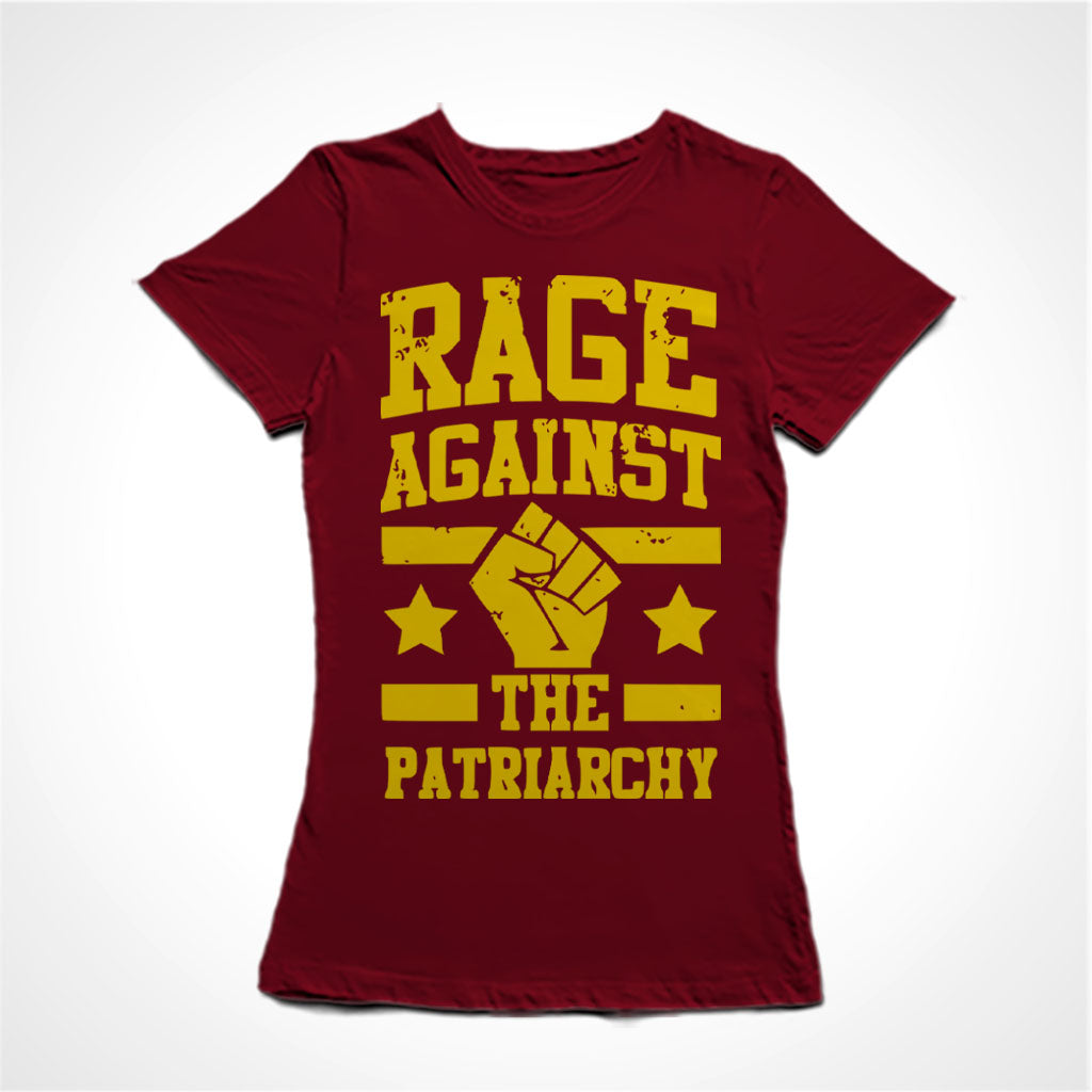 Camiseta Baby Look Estampa:  texto Rage Against The Patriarchy com punho cerrado no meio com duas estrelas, uma de cada lado, e duas linhas paralelas