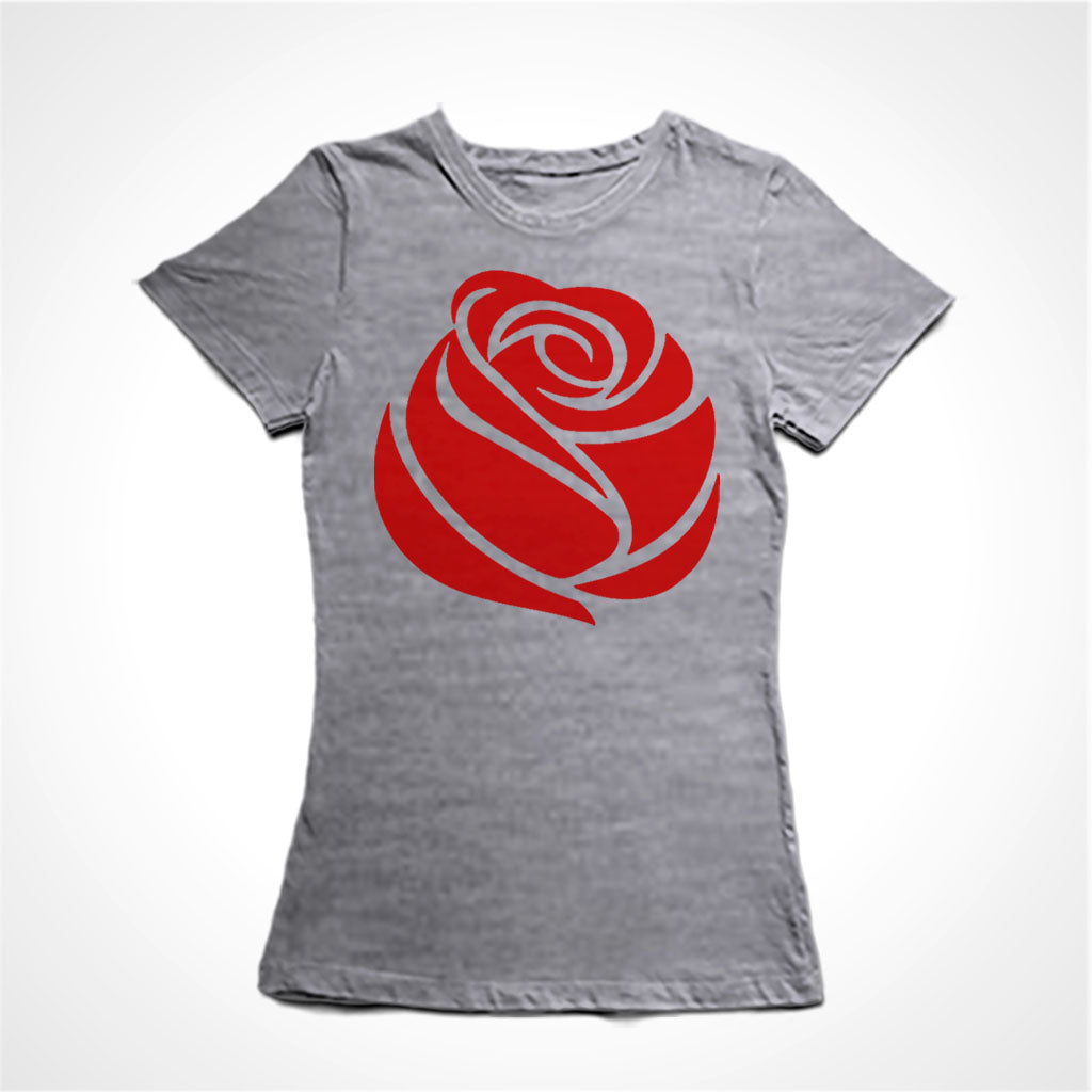 Camiseta Baby Look Estampa:  Desenho de uma rosa vermelha.