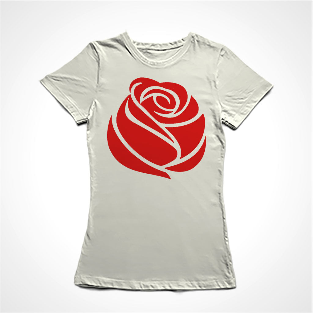 Camiseta Baby Look Estampa:  Desenho de uma rosa vermelha.