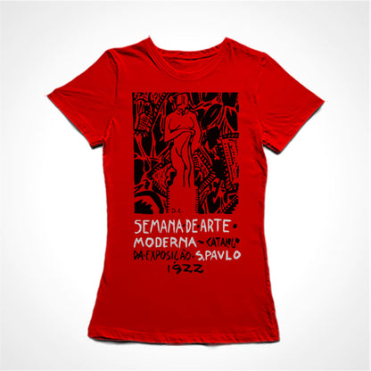 Camiseta Baby Look Estampa:  mulher como escultura envolta por objetos abstratos. Embaixo está escrito: Semana de arte moderna - catálago da exposição. S. Paulo. 1922