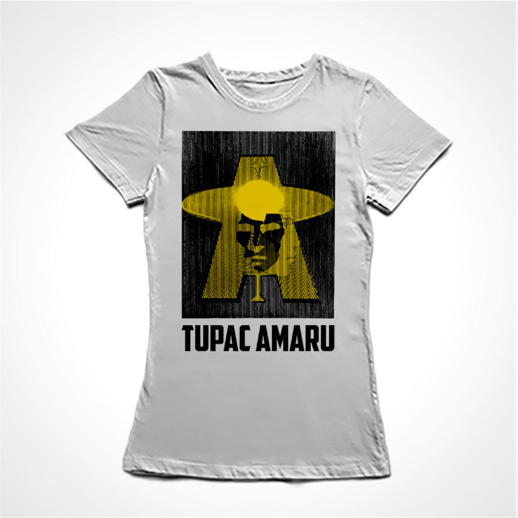 Camiseta Baby Look Estampa:  Imagem dupla de Tupac Amaru de frente e de perfil sobrepostos às letras T e A.