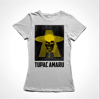 Camiseta Baby Look Estampa:  Imagem dupla de Tupac Amaru de frente e de perfil sobrepostos às letras T e A.