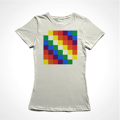 Camiseta Baby Look Estampa:  Bandeira arco-iris formada por quadrados coloridos.