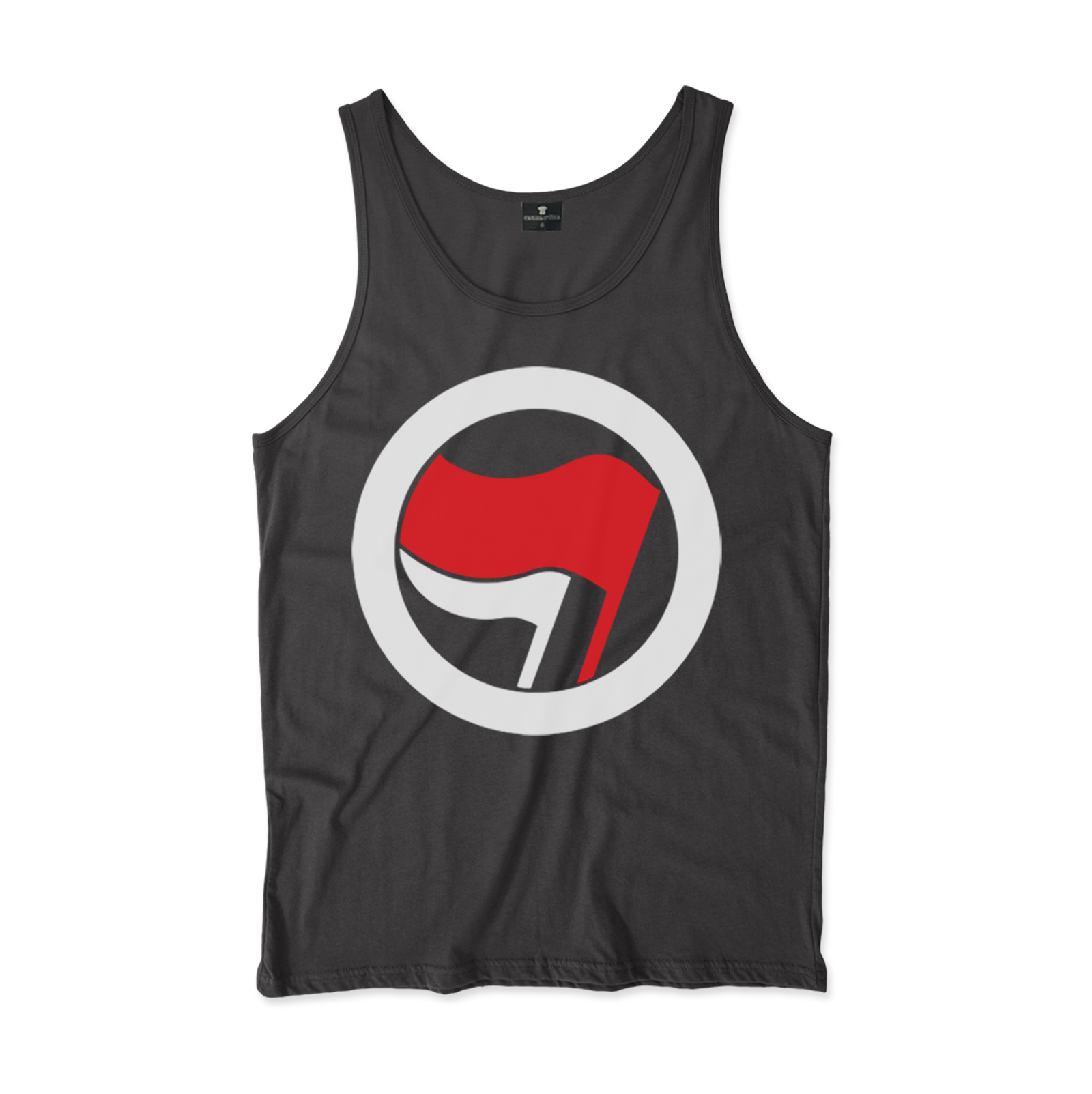 Camiseta Regata. Estampa: Símbolo pequeno na altura do peito à direita da Ação Antifascista. Uma bandeira menor e outra maior envoltas por um círculo. 