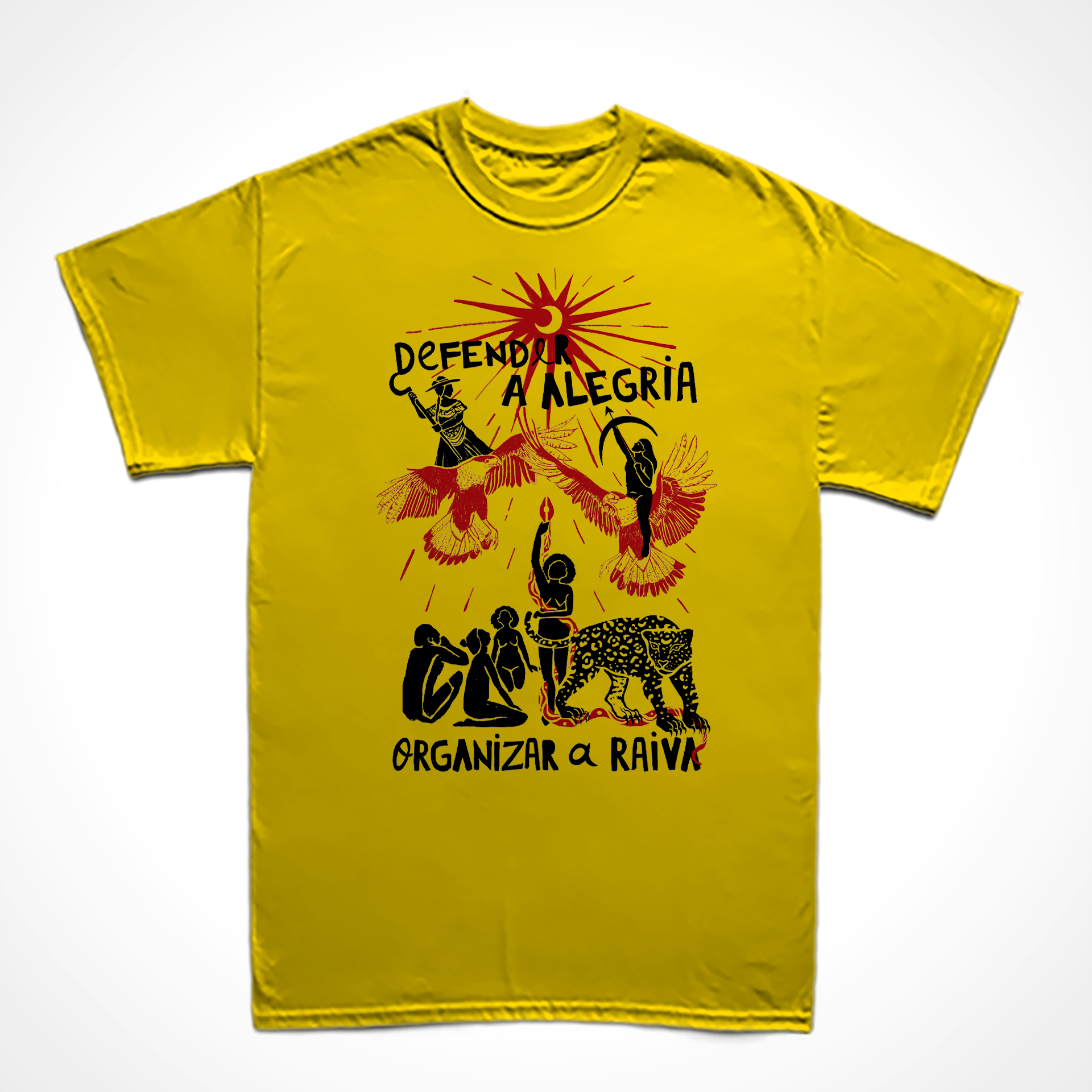 Camiseta Básica Estampa: Mulheres harmonizam com animais sobre o mote “defender a alegria” em cima e “organizar a raiva” embaixo. As mulheres representam povos originários, suas ferramentas e relação com o meio ambiente. Quatro mulheres, uma cobra e uma onça embaixo, acima duas mulheres encima de pássaros. Todos olham pra um sol/lua que irradia luz.