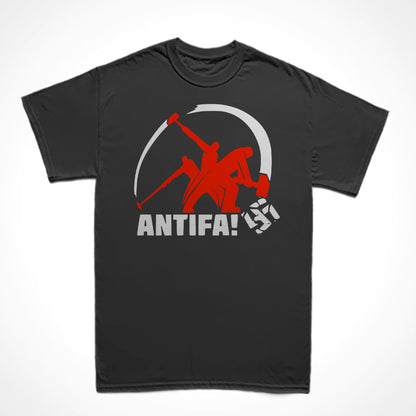 Camiseta Básica Estampa: Imagem sequência de uma marretada num suástica com o texto ANTIFA! abaixo