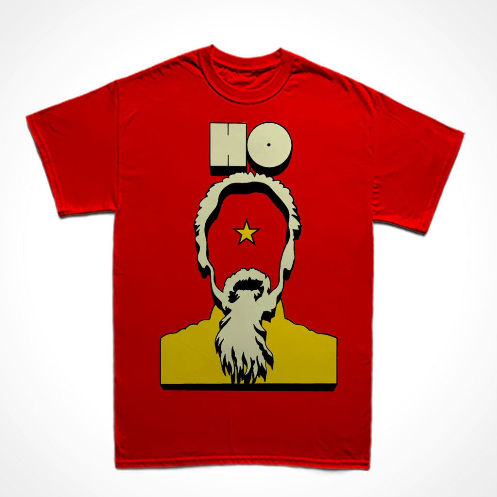 Camiseta Básica Estampa: Acima está escrito: HO Abaixo um desenho de Ho Chi Minh com a cara vazada com uma estrela no meio.