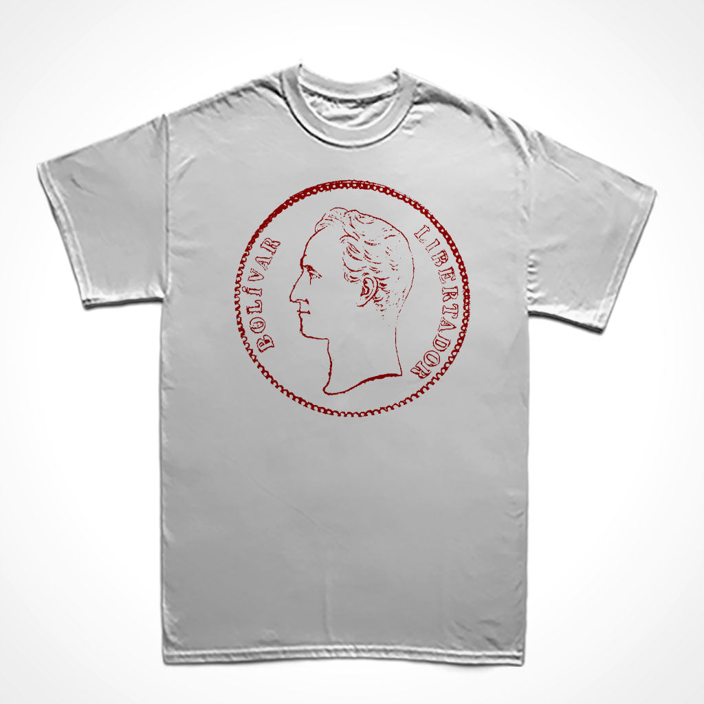 Camiseta Básica Estampa: Inspirada numa moeda venezuelana onde se tem escrito de um lado “bolívar”, no meio a cara de Simon Bolivar de perfil e no outro lado está escrito “libertador".