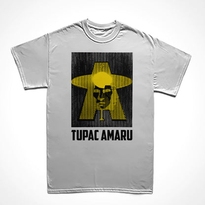 Camiseta Básica Estampa: Imagem dupla de Tupac Amaru de frente e de perfil sobrepostos às letras T e A